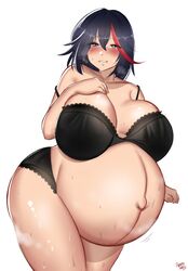 1girls aged_up bayoshii black_hair blush breasts cleavage female female_only female_protagonist huge_belly huge_breasts hyper_belly hyper_pregnancy kill_la_kill looking_at_viewer matoi_ryuuko milf pregnant ready_to_pop short_hair solo solo_female sweat thick_thighs white_background wide_hips