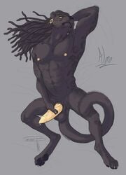 abs anthro balls black_body black_fur black_hair bodily_fluids concoction_(artist) dreadlocks ear_piercing erection felid fur gauged_ear genital_fluids genitals hair hand_behind_head hi_res jaguar male mammal muscular muscular_anthro muscular_male nude pantherine pawpads paws penile_spines penis piercing precum solo spots whiskers