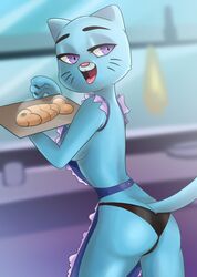 2019 anthro apron ass baking baking_tray black_clothing black_panties black_underwear blue_body breasts cartoon_network clothing domestic_cat felid feline felis female food looking_back mammal nicole_watterson open_mouth panties portrait purple_eyes rear_view rin_tyan side_boob solo steam the_amazing_world_of_gumball three-quarter_portrait underwear