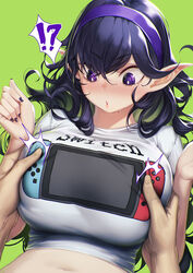 1boy 1girls blueorca blush breast_grab headband nintendo_switch nipple_tweak original original_character outercourse pointy_ears sweat