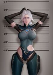 blue_eyes camille_ferros clothed clothing firolian hands_above_head hextech league_of_legends looking_at_viewer mugshot realistic smile smiling tagme torn_clothes torn_clothing white_hair_female
