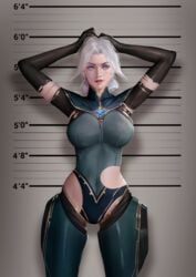 big_breasts bimbo blue_eyes cameltoe camille_ferros clothed clothing cyborg female female_focus female_only firolian hands_above_head hextech league_of_legends looking_at_viewer mugshot realistic ripped_clothes ripped_clothing round_breasts seductive seductive_look smile smiling solo solo_female solo_focus tagme torn_clothes torn_clothing white_hair_female