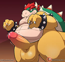 1boy 2021 anthro balls bara bowser erection gay genitals humanoid_genitalia humanoid_hands humanoid_penis ijpalette-color koopa male male_only mario_(series) nintendo overweight overweight_anthro overweight_male penis scalie simple_background solo video_games