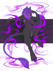 anthro avian beak black_body black_fur bodily_fluids breasts corruption cum cum_in_pussy cum_inside cum_leaking felid female fur gabe_(onom) genital_fluids glowing glowing_eyes hi_res hooves hybrid looking_at_viewer mammal neck_tuft nipples nude purple_body purple_fur sitting solo tail_tuft tuft xenoforge