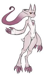 anthro claws feet female flat_chested genitals guoh hi_res legendary_pokémon looking_at_viewer mega_evolution mega_mewtwo mega_mewtwo_y mewtwo navel nintendo pokemon pokemon_(species) pupils pussy red_eyes simple_background sketch skinny slit_pupils solo toe_claws toes video_games