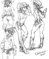 1girls ass belt boots bottle breasts butt_crack colo cowboy_hat hair_over_one_eye hand_on_hip jane_abigail_mori looking_at_viewer monochrome multiple_views pasties sketch star_pasties