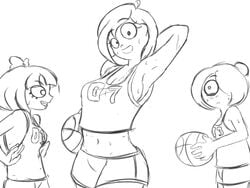 3girls armpits basketball black_and_white coco_schoppenboer maya_schoppenboer mymy_schoppenboer no_bra ongezellig sideboob sweat tagme tank_top unknown_artist