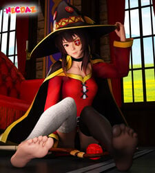 3d adjusting_clothes adjusting_hat aged_up asian_female asymmetrical_legwear bandaged_leg bandages barefoot black_legwear black_underwear breasts brown_hair choker cleavage eyepatch feet female foot_fetish foot_focus hat high_resolution kono_subarashii_sekai_ni_shukufuku_wo! lips long_hair looking_at_viewer megumin necdaz91 older red_eyes single_thighhigh sitting soles solo thighhighs toes very_high_resolution wand witch_hat