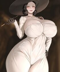 1girls alcina_dimitrescu black_hair bottom_view capcom cigarette clothed dress gloves hat huge_breasts mature_female pale-skinned_female pale_skin resident_evil resident_evil_8:_village smoking solo solo_female taesi