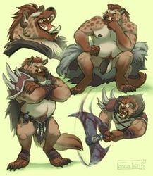 anthro axe balls battle_axe cape claws closed_eyes clothed clothing concoction_(artist) crossed_arms digitigrade fangs flaccid fur genitals gnoll hi_res hyaenid loncloth male mammal melee_weapon musclegut muscular muscular_anthro muscular_male nude open_mouth overweight overweight_anthro overweight_male partially_clothed penis pubes sharp_teeth sitting solo standing tan_body tan_fur teeth weapon