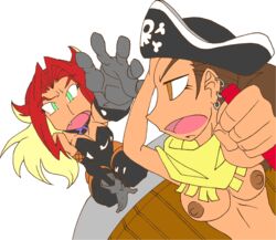 2girls absurd_res angry_face bindi blonde_hair bodysuit brown_eyes brown_hair candy_shop color colored curvy_female doctor_excelia_(roninsong) flash green_eyes large_breasts medium_breasts multiple_girls original_character pirate pirate_hat ponytail red_hair roninsong tagme tahl_(roninsong) tanned_skin toned_female two_tone_hair