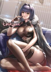 arm_behind_leg bare_shoulders bed_sheet black_dress blue_hair breasts dress evertale female frilled_skirt frills fur_collar gloves green_eyes hair_intakes half_gloves indoors jacket jacket_on_shoulders large_breasts large_filesize looking_at_viewer ludmilla_(evertale) official_art parted_lips pillow see-through sitting skirt thighhighs thighs