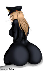 1girls ass back_view big_ass blonde blonde_hair bodysuit camie_utsushimi clothed female female_only from_behind hero_outfit_(mha) long_hair looking_at_viewer looking_back lord_lince my_hero_academia shiketsu_high_school_cap sitting skin_tight solo solo_female tight_clothing tights white_background