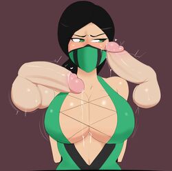 1girls 2d alternate_breast_size big_breasts black_hair breasts cleavage dark-skinned_female disembodied_penis erection female female_focus g3mma green_eyes huge_breasts imminent_sex jade_(mortal_kombat) large_breasts leaking_precum looking_at_penis mortal_kombat partial_male penis penis_awe penis_on_face precum solo_female straight testicles torso upper_body