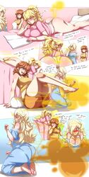 3girls ass big_ass big_breasts big_butt bimbo blonde_hair blue_eyes breasts brown_hair disgusted embarrassed fart fart_cloud fart_everywhere fart_fetish farting farting_contest lazei mario_(series) multiple_girls nintendo nose_pinch onesie pajamas ponytail princess_daisy princess_peach princess_rosalina wide_hips