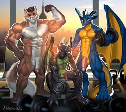 anthro behemoth89 canid canine dragon exercise fox group male male_only mammal muscular nude weight_bench weightlifting weights workout