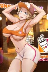 1girls abs alternate_costume armpits belly belly_button big_breasts blonde_hair blush bottom_lip bubble_ass bubble_butt camie_utsushimi cleavage curvy dunkin'_donuts happy huge_breasts krabby_(artist) looking_at_viewer muscular_female my_hero_academia navel open_mouth pale-skinned_female pale_skin platinum_blonde_hair see-through shorts sideboob sleeveless sleeveless_shirt smile thick thick_ass thick_hips thick_thighs thighs thong underboob voluptuous whale_tail wide_hips