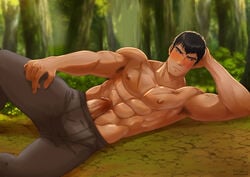 1boy abs bara bastian_wolf blush brown_hair bulge davion dota dota:_dragon's_blood dota_2 elbow_rest erection erection_under_clothes feet_out_of_frame forest forked_eyebrows highres male_focus male_pubic_hair muscular muscular_male nature navel nipples pectorals penis pubic_hair reward_available scar scar_on_chest shirtless short_hair sideburns solo stomach tan-skinned_male tan_skin veins veiny_penis