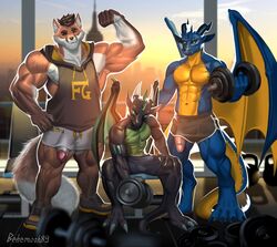 anthro balls_outline behemoth89 bottomwear bulge canid canine clothing dragon exercise exposed_penis fox genital_outline genitals group male male_only mammal muscular penis penis_outline poking_out shirt shirtless shorts tank_top topwear weight_bench weightlifting weights workout