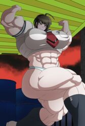 1girls abs blushing bulky danganronpa danganronpa_ultra_despair_girls depraveddefense eyes_rolled_up female female_only huge_breasts huge_muscles hyper hyper_muscles kinnikomaru(depraveddefense) lifting muscular muscular_female naegi_komaru red_sky school_uniform shirt_lift smooth_skin socks sweatdrop thick_thighs visible_underwear