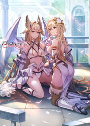 armor bikini_armor dress evertale feet high_resolution horns jeanne_(evertale) no_bra skirt skirt_lift thighhighs very_high_resolution wings yuri