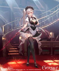 asymmetrical_hair breasts clarice_(evertale) cleavage evertale eyebrows_visible_through_hair female full_body gloves grey_hair high_heels high_resolution holding holding_sword holding_weapon indoors kakage long_hair looking_at_viewer maid maid_headdress medium_breasts ponytail red_eyes shoes short_sleeves side_ponytail skirt skirt_lift solo stairs standing stockings sword thighhighs tied_hair very_high_resolution very_long_hair weapon white_hair