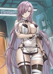 artist_name bandaged_arm bandaged_leg bandages bare_shoulders black_gloves blue_eyes breasts cleavage closed_mouth company_name copyright_name covered_navel cowboy_shot evertale female garter_straps gloves hair_over_one_eye high_resolution highleg highleg_panties large_breasts lingerie lips long_hair looking_at_viewer official_art ossia_(evertale) pantsu purple_hair see-through shiny shiny_clothes shiny_hair sleeveless solo thighhighs thighs underwear