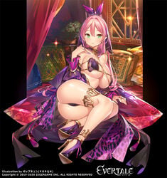 alira_(evertale) ass breasts copyright_logo dancer elf evertale female female_only fingers gold_(metal) gold_heels gold_jewelry green_eyes harem_outfit high_heels large_breasts long_hair lying nail_polish official_art original pantsu pink_hair pointed_ears ponytail pop_kyun revealing_clothes shoes thighs thong tied_hair underwear very_long_hair