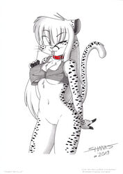 anthro belly bottomless breasts cheetah clothed clothing collar felid feline felis female fur genitals hair long_hair mammal navel no_underwear nude pinup pose pussy solo spots spotted_body spotted_fur tirashanks_(artist) tongue tongue_out toony under_boob vanilla_(tirashanks)