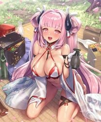 :d bangs bare_shoulders barefoot black_horns blunt_bangs bottle bra breasts cherry_blossom cleavage copyright_name cup drink evertale eyebrows_visible_through_hair feet female female food full_body gloves grass hair_intakes hair_ornament hair_ribbon high_resolution holding holding_cup horns large_breasts long_hair long_sleeves looking_at_viewer navel obento off_shoulder official_art open-mouth_smile open_mouth outdoors petals pink_eyes pink_hair rei_(evertale) revealing_clothes ribbon seiza sitting smile solo thigh_strap tied_hair twintails underwear very_long_hair viewed_from_above white_gloves wide_sleeves