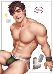 1boy 2020 abs alex_(stardew_valley) bara biceps big_pecs brown_hair bulge can cans cards gea green_eyes green_jockstrap green_underwear greentea human human_only jockstrap looking_at_viewer male male_chest male_focus male_nipples male_only muscle muscles muscular muscular_male nipples open_smile pecs pectorals shirt_removed sitting sitting_on_floor sitting_on_ground six_pack smile smiling soda_can solo solo_male stardew_valley thick_eyebrows topless underwear underwear_only white_background