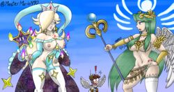 1boy 2girls alternate_version_available angel_wings blonde_hair blue_eyes exclamation functionally_nude functionally_nude_female goddess goddess_rosalina_(awesomeerix) godiva_hair green_eyes green_hair green_pubic_hair kid_icarus mario_(series) mastermario90 nintendo nosebleed palutena pit pit_(kid_icarus) princess_rosalina pubic_hair shocked super_mario_galaxy super_smash_bros. tagme traditional_media_(artwork) wings