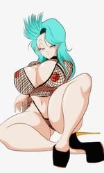 1girls big_breasts blue_hair bulma_briefs bulma_briefs_(post_saiyan_saga) dragon_ball dragon_ball_z female female_focus female_only fishnet_bra fishnet_panties fishnet_shirt fishnet_sleeves fishnet_top high_heels long_hair nala1588 platform_heels shounen_jump solo