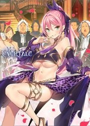 alira_(evertale) ass breasts dancer dancing elf evertale gold_(metal) gold_heels green_eyes harem_outfit high_heels large_breasts long_hair looking_at_viewer official_art pantsu petals pink_hair pointed_ears ponytail revealing_clothes shoes smile thighs thong tied_hair underwear