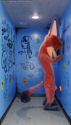 2021 3d_(artwork) absurd_res against_wall animal_genitalia animal_penis anthro bathroom biped black_body black_fur canid canine canine_penis detailed_background digital_media_(artwork) disney duo erection fellatio female fox fur genitals glory_hole graffiti hi_res hornybunny inside judy_hopps knot lagomorph leporid mammal nick_wilde nude open_mouth oral orange_body orange_fur penile penis pink_nose rabbit standing teeth text white_body white_fur zootopia