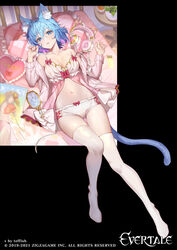 animal_ear_fluff animal_ears axent_wear babydoll bare_shoulders bed bloomers blue_eyes blue_hair breasts cat_ear_headphones cat_girl cat_tail clavicle cleavage colored_inner_hair evertale female full_body grey_jacket hands_up headphones heart heart_pillow high_resolution jacket large_breasts lingerie long_sleeves looking_at_viewer lying midriff mirai_(evertale) mirror multicolored_hair navel nekomimi no_shoes off_shoulder official_art on_back on_bed open_clothes open_jacket open_mouth outside_border pillow short_hair solo spaghetti_strap stomach tail teffish thighhighs thighs underwear very_high_resolution white_bloomers white_legwear