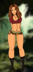 1girls big_breasts boots booty_shorts breasts cameltoe cleavage crop_top drawingthings12 erect_nipples female female_only green_eyes hands_behind_head jumanji jungle karen_gillan nipple_bulge pussy red_hair ruby_roundhouse short_shorts smile tan thick_thighs wide_hips