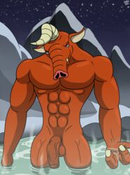 3_fingers abs absurd_res balls blin_(tloz) breath_of_the_wild fingers genitals hi_res hot_spring male male_only moblin monster muscular muscular_male nintendo pecs penis pizzaozzy_(artist) solo the_legend_of_zelda vein veiny_penis video_games water