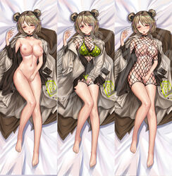 absurdres ask---dududu blush breasts choker dakimakura_(medium) double_bun female fishnet_dress girls'_frontline highres light_brown_hair medium_breasts navel nude official_alternate_costume p90_(girls_frontline) red_eyes short_hair smile tongue tongue_out