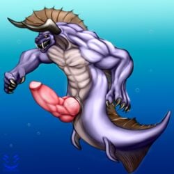 1boy anthro behemoth big_muscles big_penis claws corinoch_(artist) fin final_fantasy genitals glowing glowing_eyes hi_res huge_cock huge_muscles hybrid hyper hyper_genitalia hyper_muscles hyper_penis knot male male_focus male_only marine merfolk merman muscular muscular_male penis snarling solo solo_focus square_enix video_games