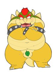 2021 96panda angry anthro anthro_only balls belly blush bodily_fluids bowser cute_fangs genitals hi_res humanoid_hands kemono koopa leaf leaf_on_crotch male male_only mario_(series) navel nintendo overweight overweight_anthro overweight_male scalie simple_background solo sweat tears video_games white_background
