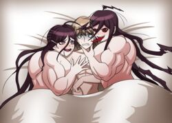 1boy 2girls covered_nipples covered_penis danganronpa depraveddefense drooling fukawa_touko funny hand_on_another's_chest hyper_muscles in_bed muscular_female smooth_skin sweaty_face tagme togami_byakuya tongue_out