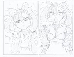 1girls breast_expansion breasts cleavage comic female female_focus female_only garland33 growth human marcormen marnie_(pokemon) monochrome motion_lines nintendo pokemon pokemon_ss shocked trembling