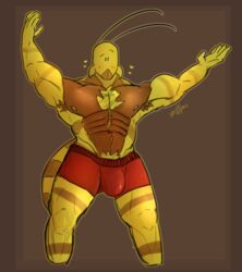 abs antennae_(anatomy) anthro armpit_hair arthropod arthropod_abdomen bee biceps blush body_hair boxer_briefs bulge clothing heart hi_res honey_bee humanoid hymenopteran insects male male_only muscular pecs presenting pubes raised_arm solo spookysauces underwear