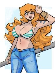 1girls 2021 bare_midriff big_breasts bikini_top blush cleavage female female_only kap_o long_hair nami one_piece orange_hair red_hair solo solo_female tagme wink