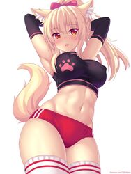 animal_ears armpits arms_behind_head arms_up blonde_hair blush breasts buruma erect_nipples erect_nipples_under_clothes hairbow looking_at_viewer navel ponytail red_eyes standing tagme tail thighhighs thighs tiffy tiffynyaa