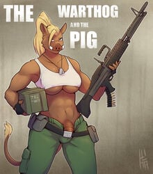 abs ammunition anthro belt blonde_hair bottomwear breasts clothing dog_tags dupllo futanari genitals gun gynomorph hair hi_res intersex m60 machine_gun mammal muscular muscular_anthro muscular_gynomorph muscular_intersex pants penis ranged_weapon shirt solo solo_focus suid suina sus_(pig) tank_top topwear under_boob weapon wild_boar