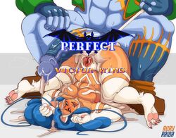 1boy abs after_anal animal_ears artist_name blue_gloves blue_hair blue_skin blush breasts brown_footwear cat_ears cat_tail clothes_pull colored_skin cum cum_on_body cum_on_breasts cumdrip darkstalkers english_text facial felicia_(darkstalkers) female fingerless_gloves fingernails fucked_silly gameplay_mechanics gloves green_eyes highres large_penis long_hair medium_breasts muscular muscular_male navel open_mouth pants pants_pull penis pussy red_nails rolling_eyes ruru-raida sharp_fingernails sharp_toenails spread_legs steam steaming_body sweat tail tail_pull teeth text toenails tongue tongue_out upside-down veins veiny_penis victor_von_gerdenheim