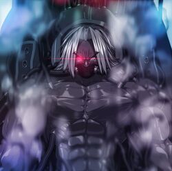 1boy abs artist_request biceps detailed_background glowing_eye king_of_fighters looking_at_viewer male_only muscular muscular_male omega_rugal power_pumping rugal_bernstein serious_look shirtless smoke snk solo_male tagme unknown_artist white_hair