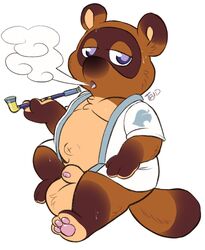 animal_crossing anthro balls big_balls blue_eyes bottomless canid canine clothed clothing flaccid foreskin genitals hi_res kiseru male male_only mammal mostly_nude navel nintendo outie_navel pawpads penis pipe raccoon_dog smoking solo tanuki tbid tom_nook video_games